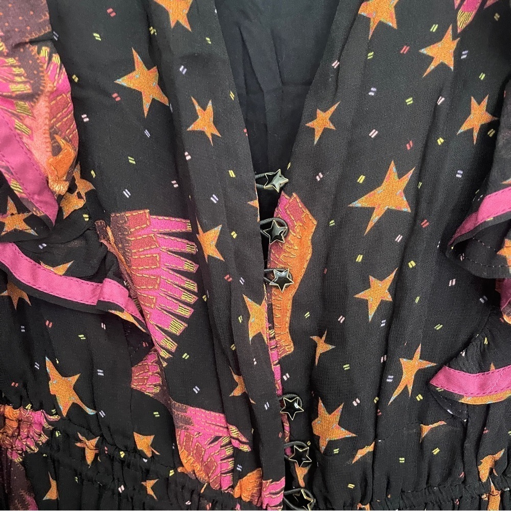 Farm Rio Black Macaws Maxi Dress Star Bird Printed Ruffle V Neck Midi - Picture 3 of 8